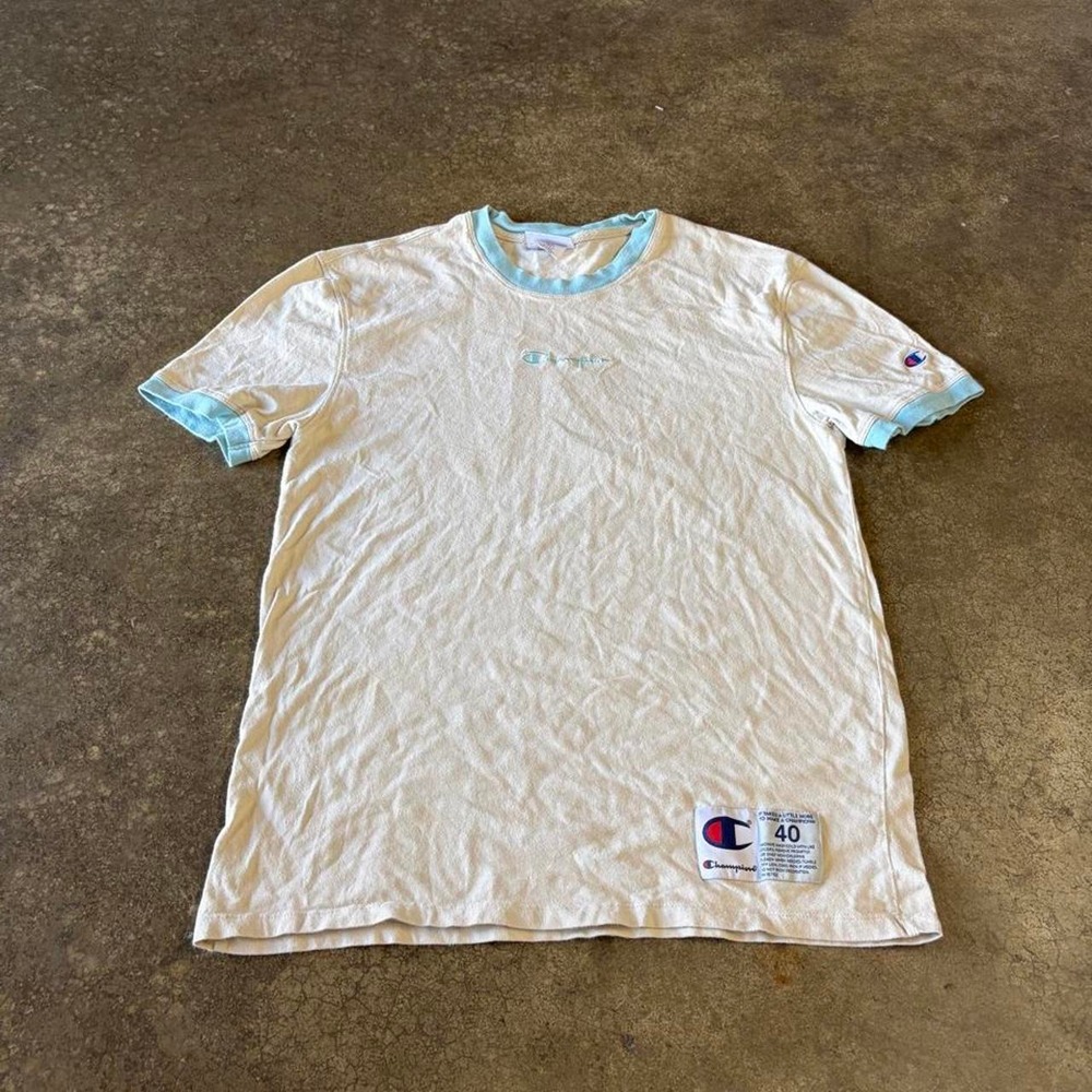 Champion‎ Mens Ringer Tee Cream Blue 2000s Y2K Vintage Logo T-Shirt Size Medium